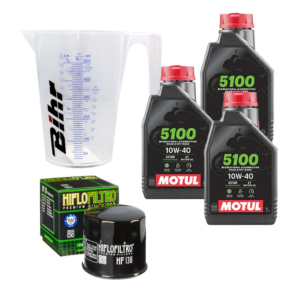 Kit vidange version classic avec 3 bidons d'huile MOTUL 5100 10W40, un filtre HF 138 et un doseur Bihr gradué