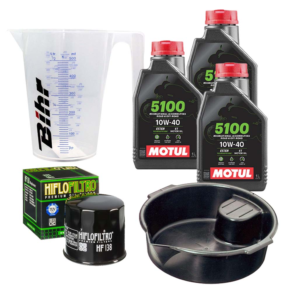Kit vidange version premium avec 3 bidons d'huile MOTUL 5100 10W40, un filtre HF 138, un doseur Bihr gradué et un bac de récupération