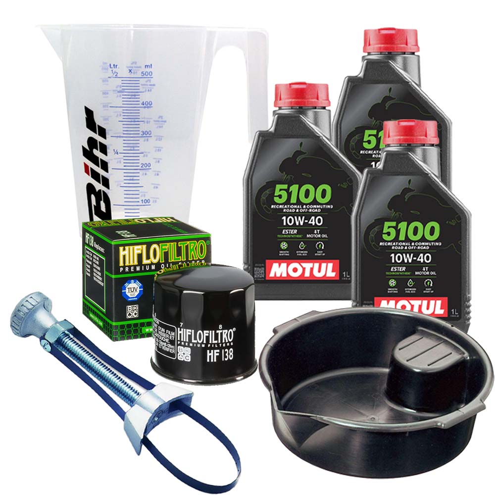 Kit vidange version pro avec 3 bidons d'huile MOTUL 5100 10W40, un filtre HF 138, un doseur Bihr gradué, un bac de récupération et une clé démonte-filtre