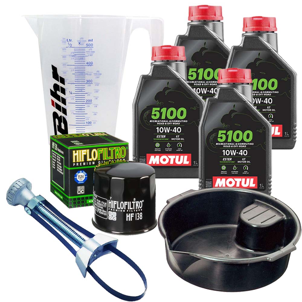 Kit vidange version pro avec 4 bidons d'huile MOTUL 5100 10W40, un filtre HF 138, un doseur Bihr gradué, un bac de récupération et une clé démonte-filtre