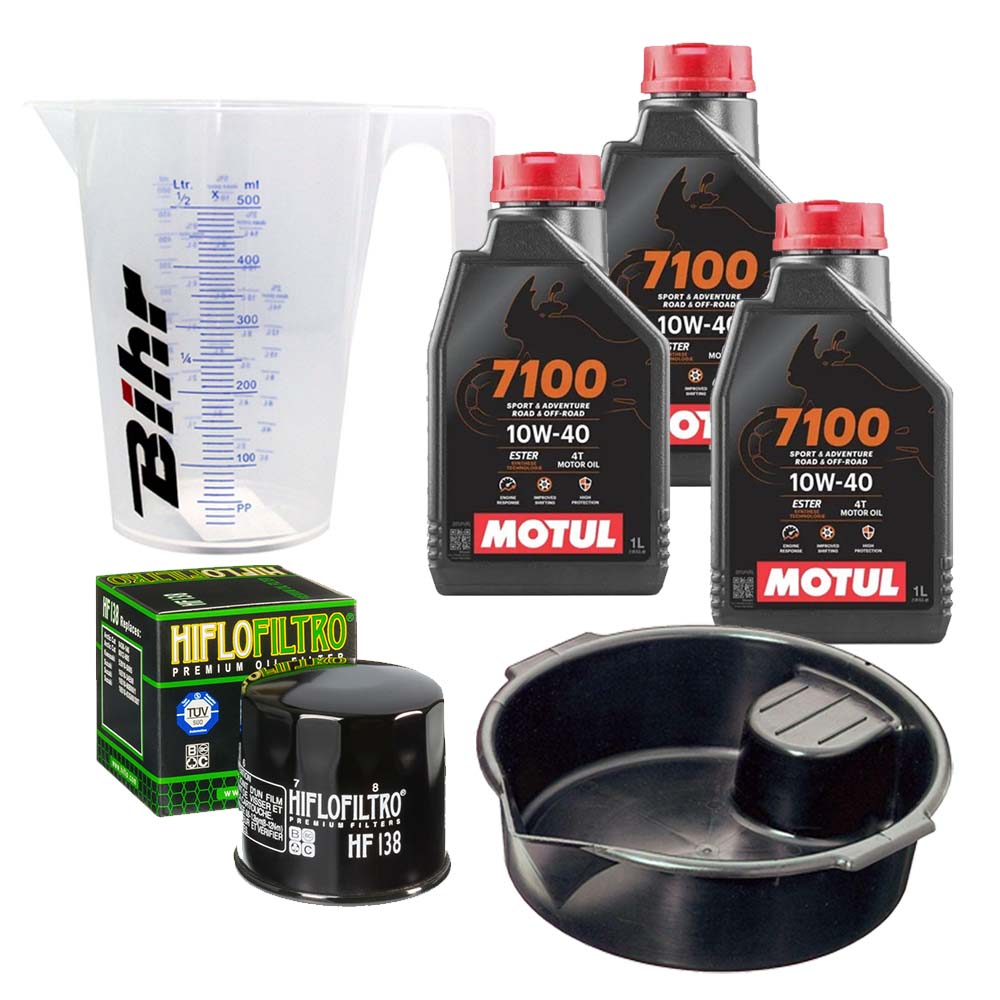 Kit vidange version premium avec 3 bidons d'huile MOTUL 7100 10W40, un filtre HF 138, un doseur Bihr gradué et un bac de récupération