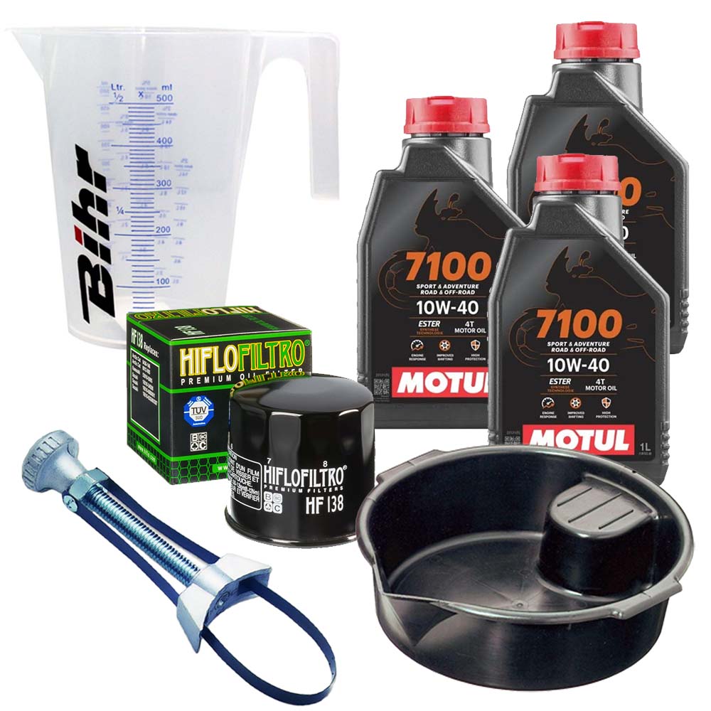 Kit vidange version pro avec 3 bidons d'huile MOTUL 7100 10W40, un filtre HF 138, un doseur Bihr gradué, un bac de récupération et une clé démonte-filtre