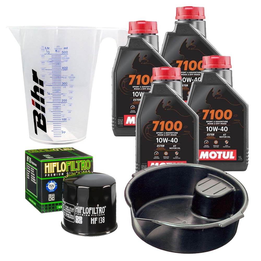 Kit vidange version premium avec 4 bidons d'huile MOTUL 7100 10W40, un filtre HF 138, un doseur Bihr gradué et un bac de récupération
