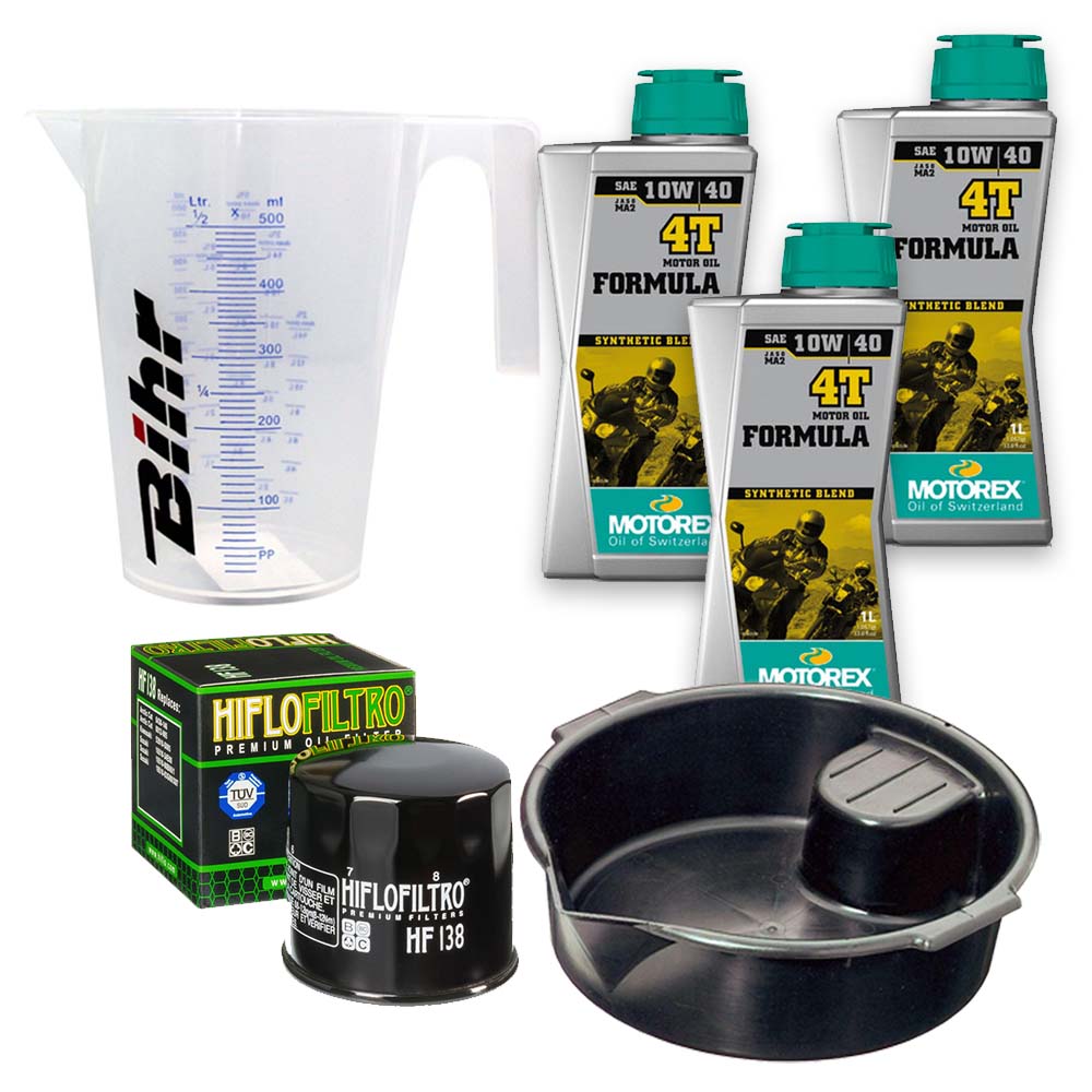 Kit vidange version premium avec 3 bidons d'huile MOTOREX Formula 10W40, un filtre HF 138, un doseur Bihr gradué et un bac de récupération