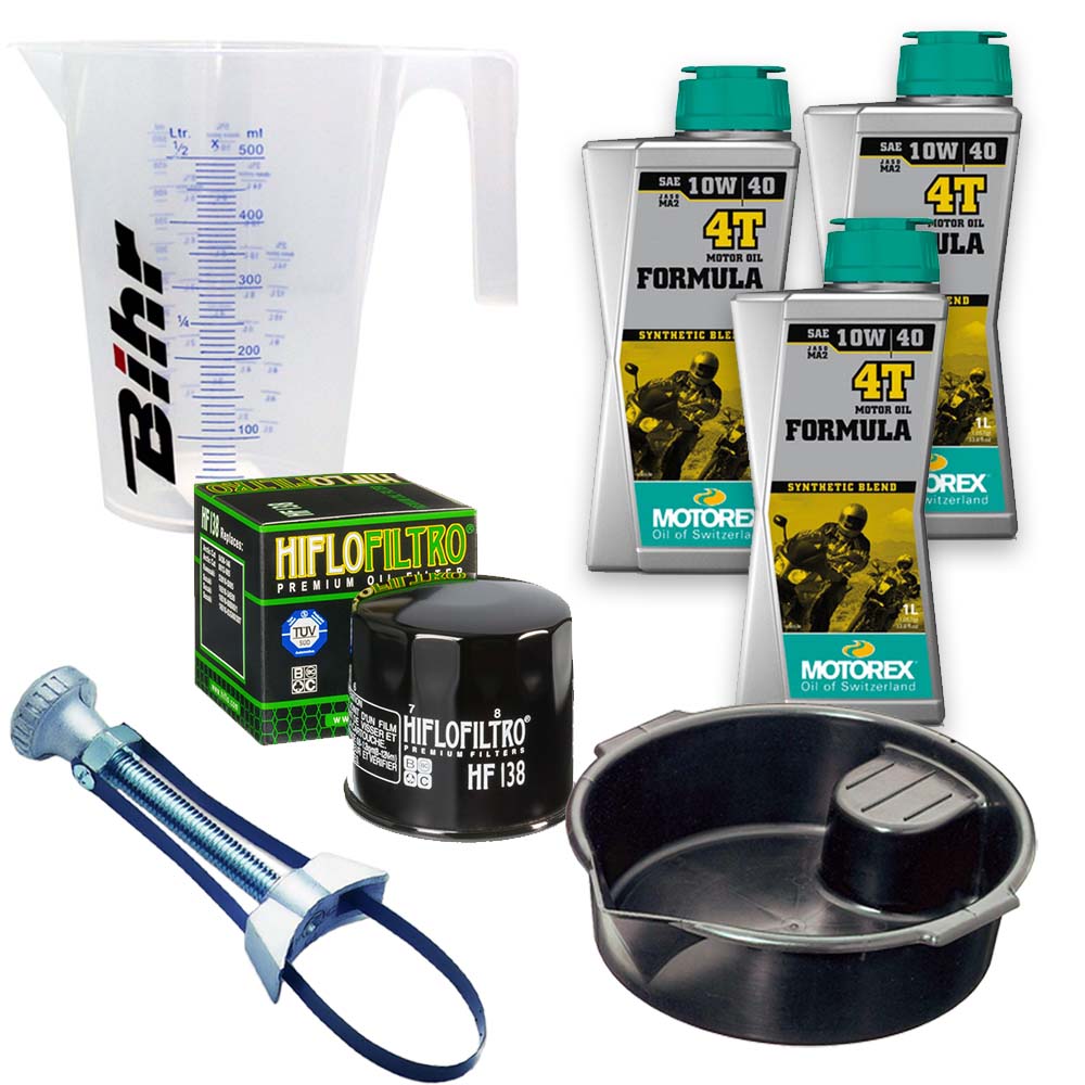 Kit vidange version pro avec 3 bidons d'huile MOTOREX Formula 10W40, un filtre HF 138, un doseur Bihr gradué, un bac de récupération et une clé démonte-filtre