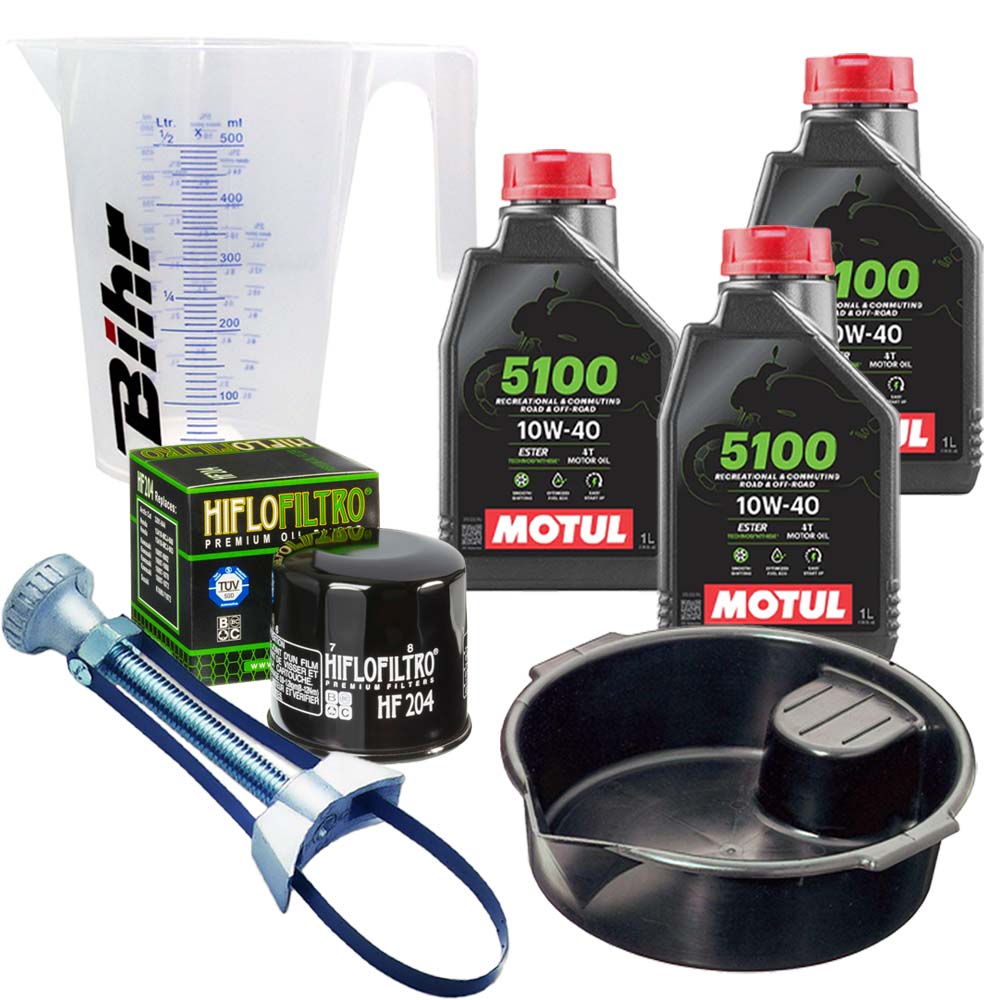 Kit vidange version pro avec 3 bidons d'huile MOTUL 5100 10W40, un filtre HF 204, un doseur Bihr gradué, un bac de récupération et une clé démonte-filtre