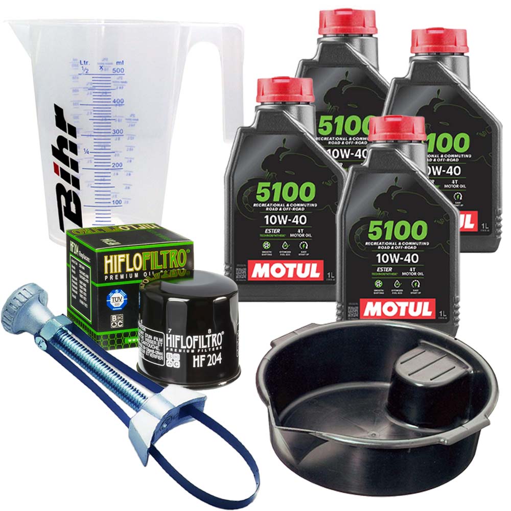 Kit vidange version pro avec 4 bidons d'huile MOTUL 5100 10W40, un filtre HF 204, un doseur Bihr gradué, un bac de récupération et une clé démonte-filtre