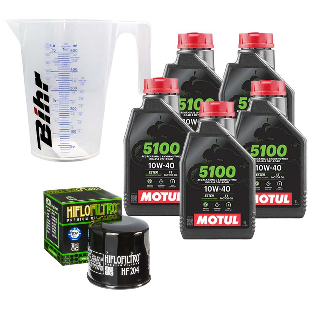 Kit vidange version classic avec 5 bidons d'huile MOTUL 5100 10W40, un filtre HF 204 et un doseur Bihr gradué