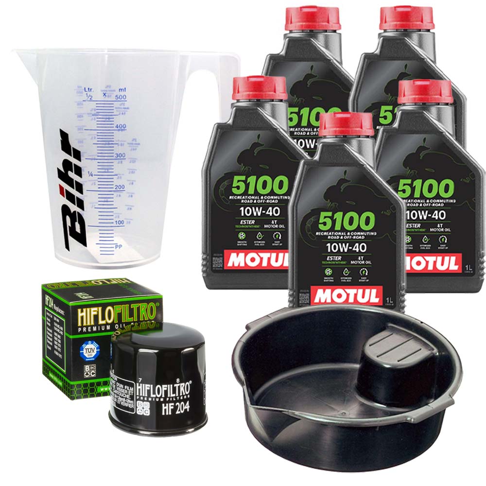 Kit vidange version premium avec 5 bidons d'huile MOTUL 5100 10W40, un filtre HF 204, un doseur Bihr gradué et un bac de récupération