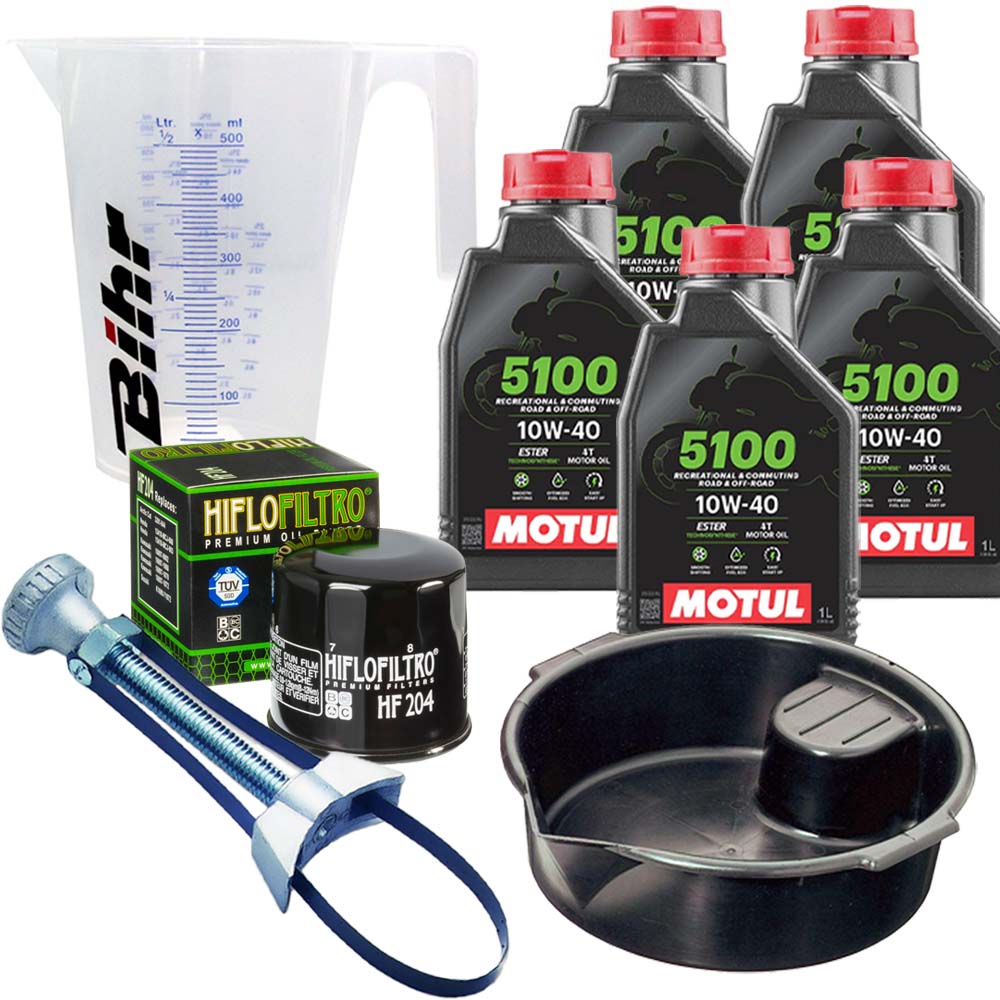 Kit vidange version pro avec 5 bidons d'huile MOTUL 5100 10W40, un filtre HF 204, un doseur Bihr gradué, un bac de récupération et une clé démonte-filtre