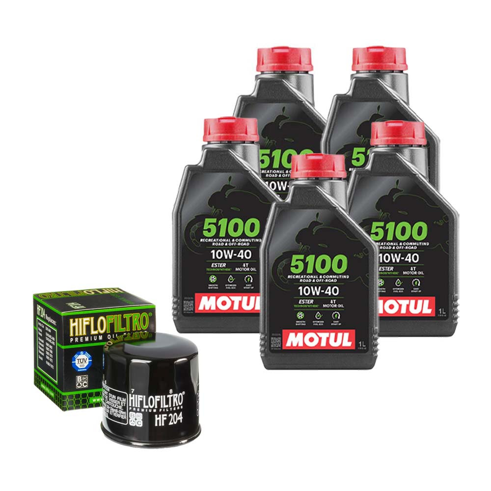 Kit vidange version soft avec 5 bidons d'huile MOTUL 5100 10W40 et filtre HF 204