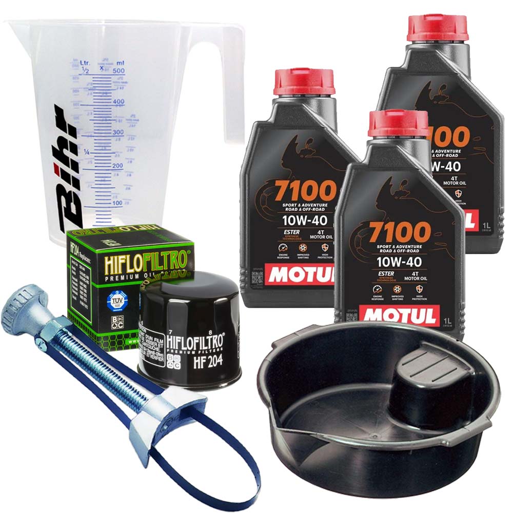 Kit vidange version pro avec 3 bidons d'huile MOTUL 7100 10W40, un filtre HF 204, un doseur Bihr gradué, un bac de récupération et une clé démonte-filtre