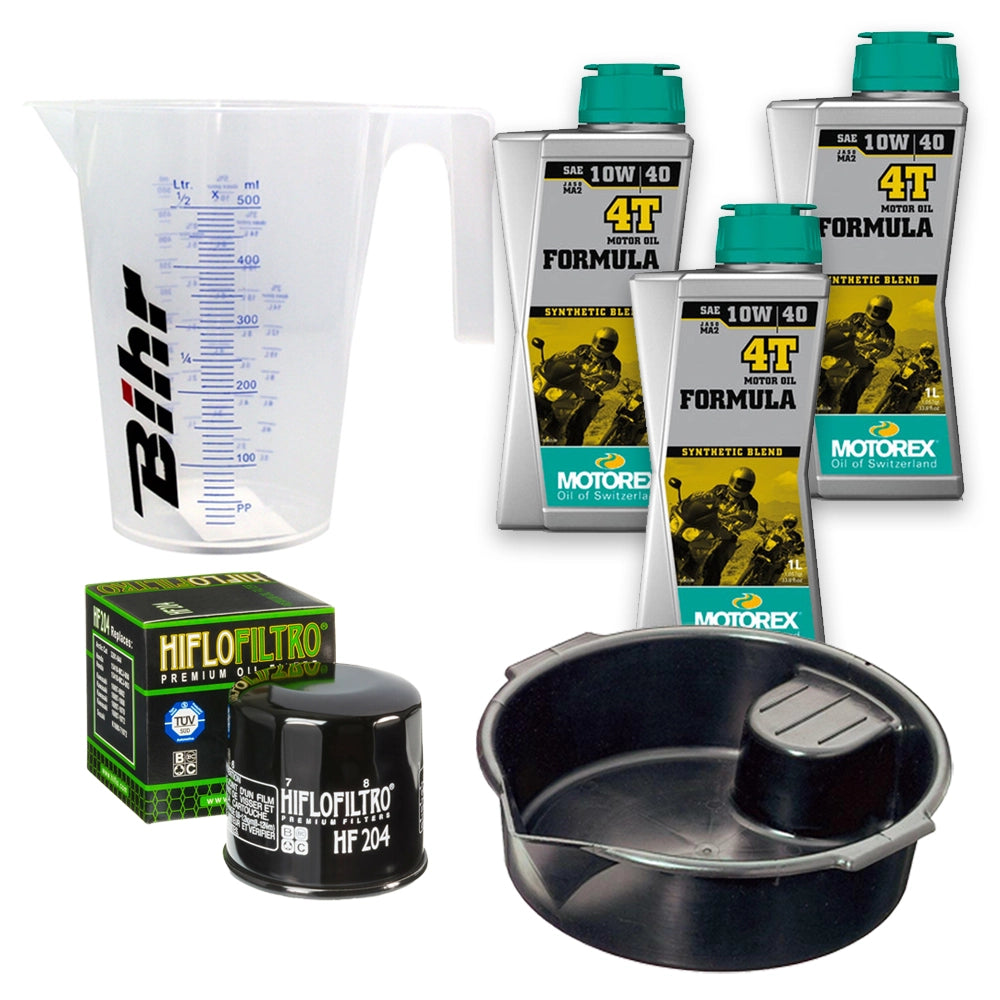 Kit vidange version premium avec 3 bidons d'huile MOTOREX Formula 4T 10W40, un filtre HF 204, un doseur Bihr gradué et un bac de récupération