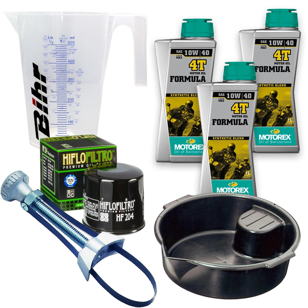 Kit vidange version pro avec 3 bidons d'huile MOTOREX Formula 4T 10W40, un filtre HF 204, un doseur Bihr gradué, un bac de récupération et une clé démonte-filtre