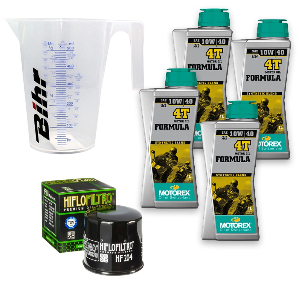 Kit vidange version classic avec 4 bidons d'huile MOTOREX Formula 4T 10W40, un filtre HF 204 et un doseur Bihr gradué