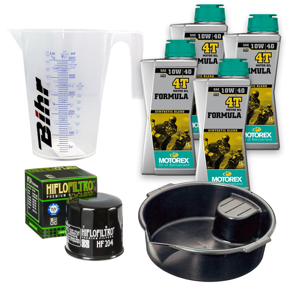 Kit vidange version premium avec 4 bidons d'huile MOTOREX Formula 4T 10W40, un filtre HF 204, un doseur Bihr gradué et un bac de récupération