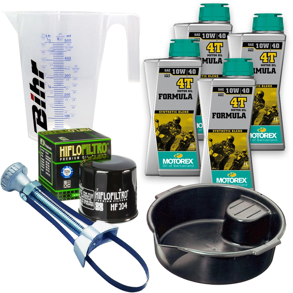 Kit vidange version pro avec 4 bidons d'huile MOTOREX Formula 4T 10W40, un filtre HF 204, un doseur Bihr gradué, un bac de récupération et une clé démonte-filtre