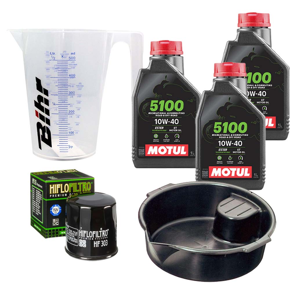 Kit vidange version premium avec 3 bidons d'huile MOTUL 5100 10W40, un filtre HF 303, un doseur Bihr gradué et un bac de récupération