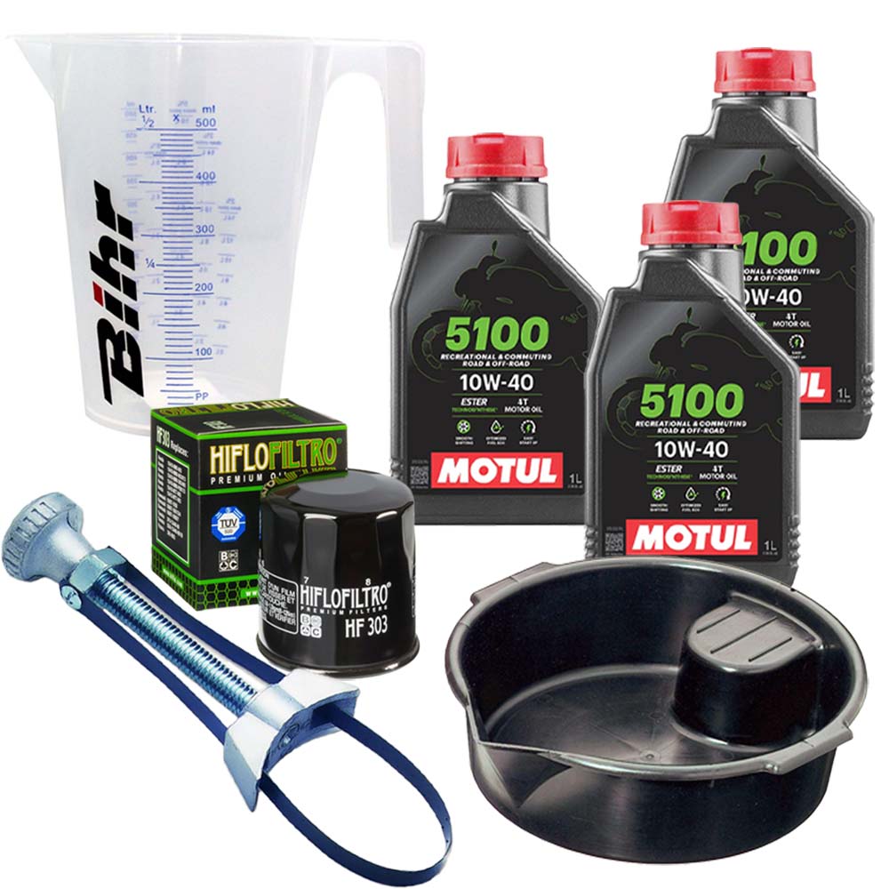 Kit vidange version pro avec 3 bidons d'huile MOTUL 5100 10W40, un filtre HF 303, un doseur Bihr gradué, un bac de récupération et une clé démonte-filtre