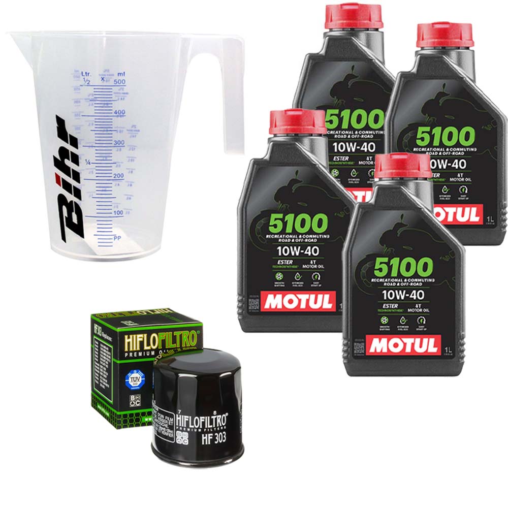 Kit vidange version classic avec 4 bidons d'huile MOTUL 5100 10W40, un filtre HF 303 et un doseur Bihr gradué