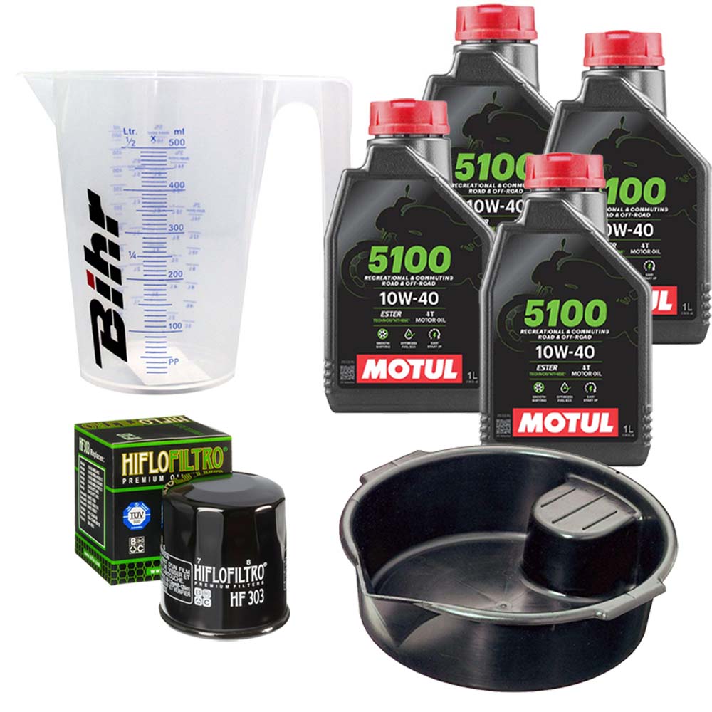 Kit vidange version premium avec 4 bidons d'huile MOTUL 5100 10W40, un filtre HF 303, un doseur Bihr gradué et un bac de récupération