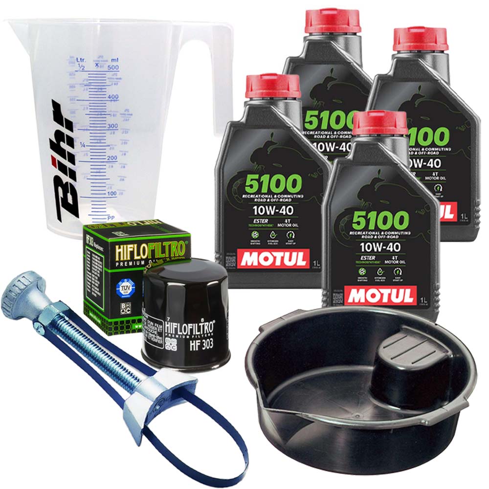 Kit vidange version pro avec 4 bidons d'huile MOTUL 5100 10W40, un filtre HF 303, un doseur Bihr gradué, un bac de récupération et une clé démonte-filtre