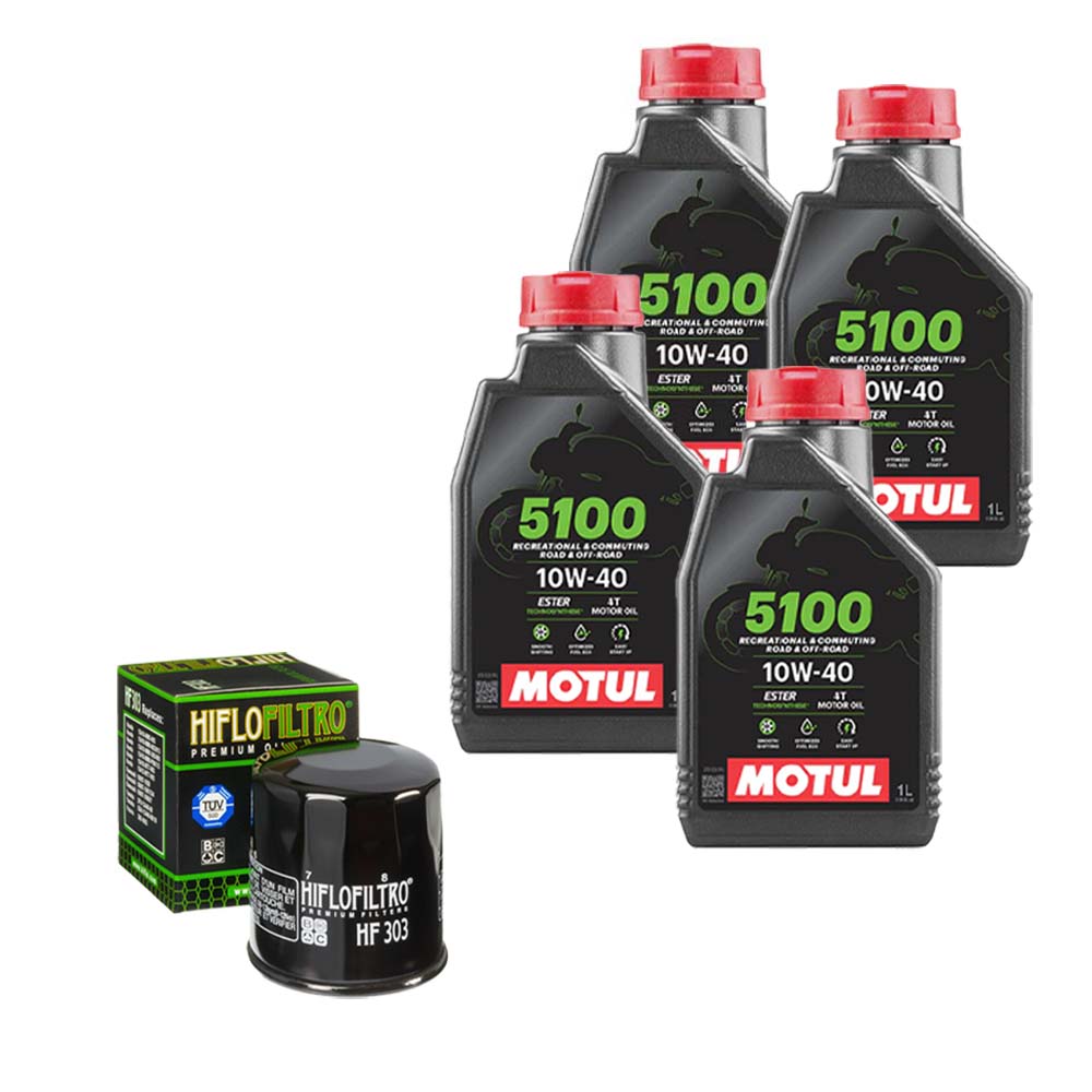 Kit vidange version soft avec 4 bidons d'huile MOTUL 5100 10W40 et filtre HF 303