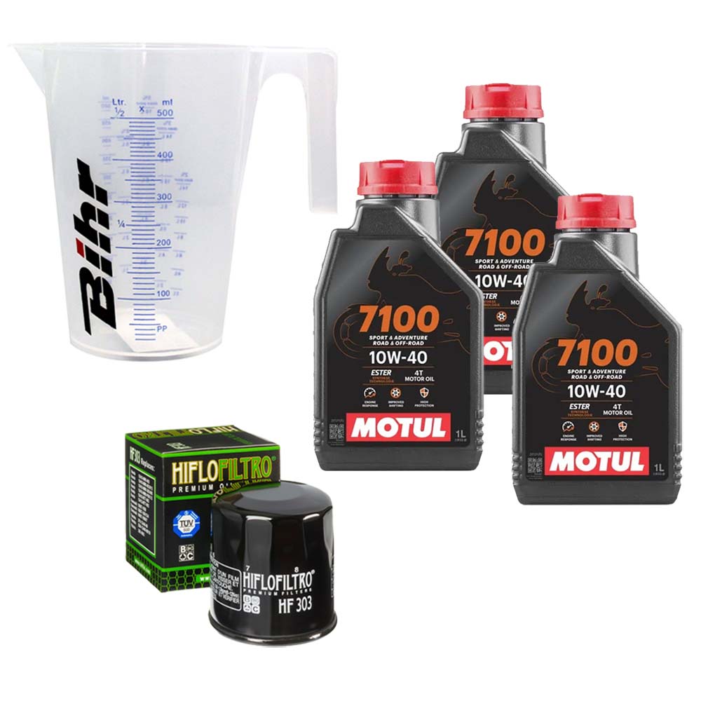 Kit vidange version classic avec 3 bidons d'huile MOTUL 7100 10W40, un filtre HF 303 et un doseur Bihr gradué