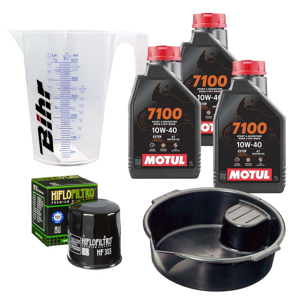 Kit vidange version premium avec 3 bidons d'huile MOTUL 7100 10W40, un filtre HF 303, un doseur Bihr gradué et un bac de récupération