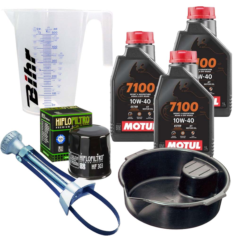 Kit vidange version pro avec 3 bidons d'huile MOTUL 7100 10W40, un filtre HF 303, un doseur Bihr gradué, un bac de récupération et une clé démonte-filtre