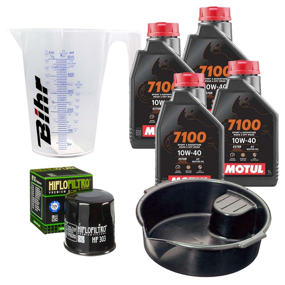 Kit vidange version premium avec 4 bidons d'huile MOTUL 7100 10W40, un filtre HF 303, un doseur Bihr gradué et un bac de récupération