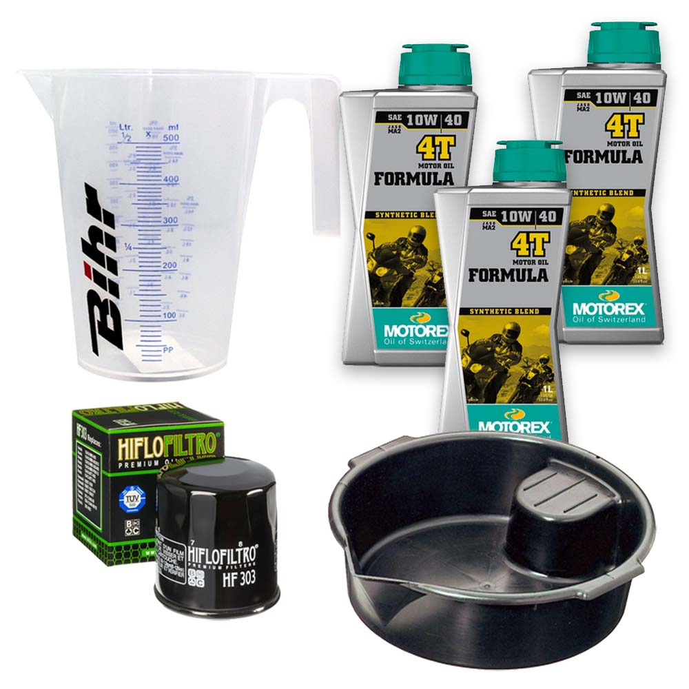 Kit vidange version premium avec 3 bidons d'huile MOTOREX Formula 10W40, un filtre HF 303, un doseur Bihr gradué et un bac de récupération