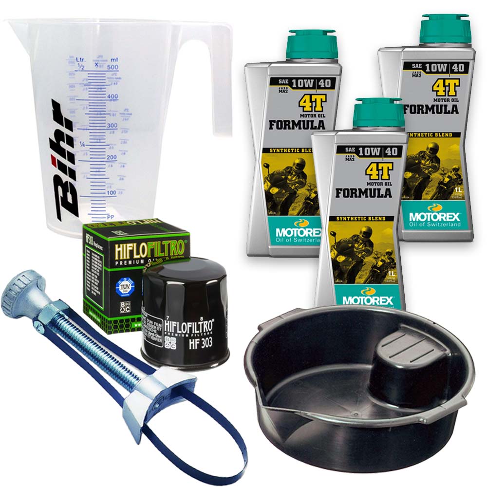 Kit vidange version pro avec 3 bidons d'huile MOTOREX Formula 10W40, un filtre HF 303, un doseur Bihr gradué, un bac de récupération et une clé démonte-filtre