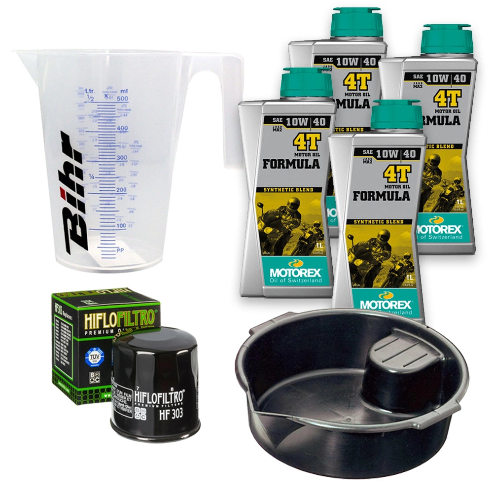 Kit vidange version premium avec 4 bidons d'huile MOTOREX Formula 4T 10W40, un filtre HF 303, un doseur Bihr gradué et un bac de récupération