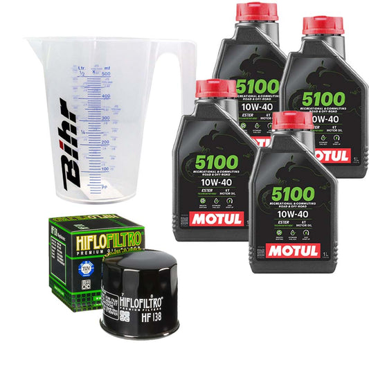 Kit vidange version classic avec 4 bidons d'huile MOTUL 5100 10W40, un filtre HF 138 et un doseur Bihr gradué