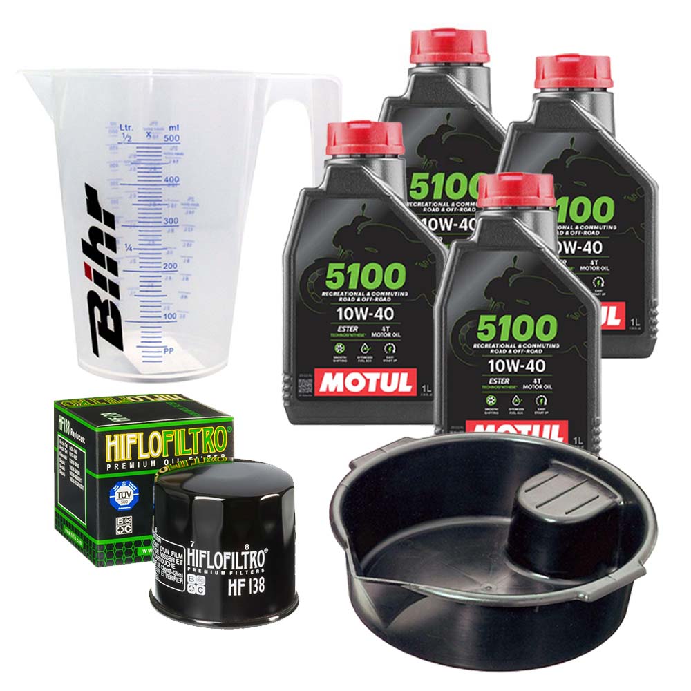Kit vidange version premium avec 4 bidons d'huile MOTUL 5100 10W40, un filtre HF 138, un doseur Bihr gradué et un bac de récupération