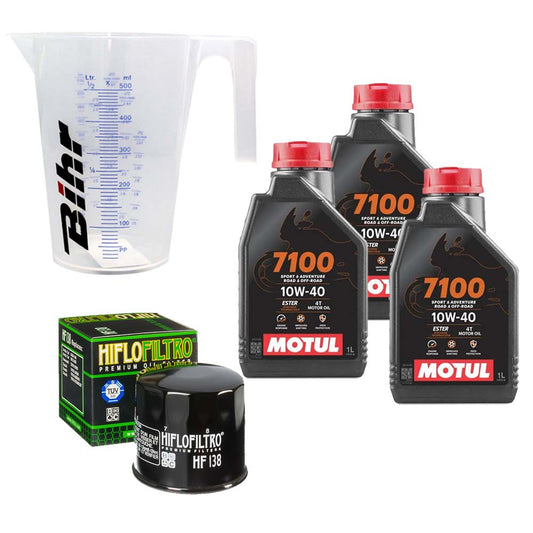 Kit vidange version classic avec 3 bidons d'huile MOTUL 7100 10W40, un filtre HF 138 et un doseur Bihr gradué