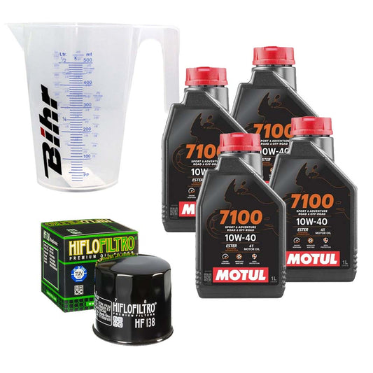 Kit vidange version classic avec 4 bidons d'huile MOTUL 7100 10W40, un filtre HF 138 et un doseur Bihr gradué