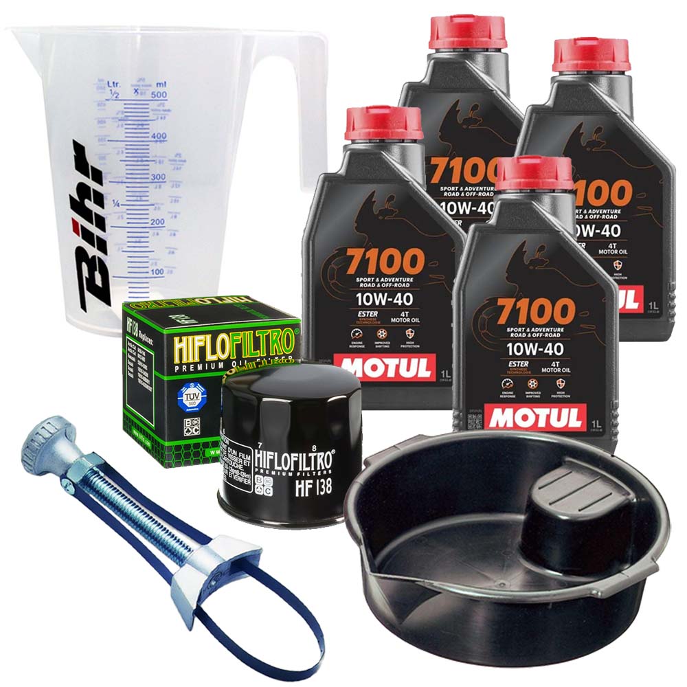 Kit vidange version pro avec 4 bidons d'huile MOTUL 7100 10W40, un filtre HF 138, un doseur Bihr gradué, un bac de récupération et une clé démonte-filtre