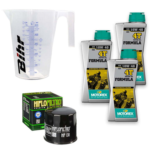 Kit vidange version classic avec 3 bidons d'huile MOTOREX Formula 10W40, un filtre HF 138 et un doseur Bihr gradué