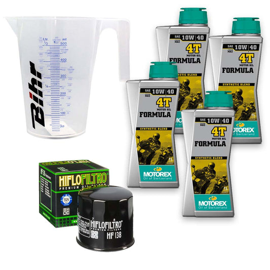 Kit vidange version classic avec 4 bidons d'huile MOTOREX Formula 10W40, un filtre HF 138 et un doseur Bihr gradué