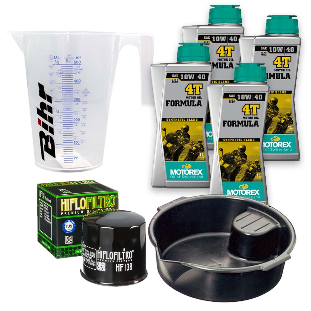 Kit vidange version premium avec 4 bidons d'huile MOTOREX Formula 10W40, un filtre HF 138, un doseur Bihr gradué et un bac de récupération