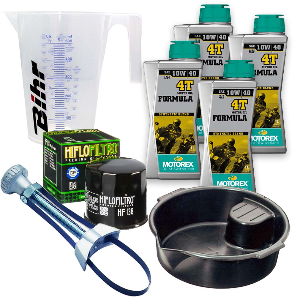 Kit vidange version pro avec 4 bidons d'huile MOTOREX Formula 10W40, un filtre HF 138, un doseur Bihr gradué, un bac de récupération et une clé démonte-filtre