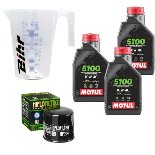 Kit vidange version classic avec 3 bidons d'huile MOTUL 5100 10W40, un filtre HF 204 et un doseur Bihr gradué