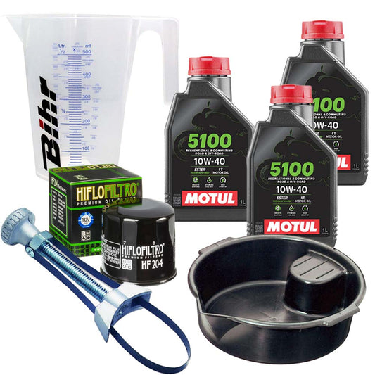 Kit vidange version pro avec 3 bidons d'huile MOTUL 5100 10W40, un filtre HF 204, un doseur Bihr gradué, un bac de récupération et une clé démonte-filtre
