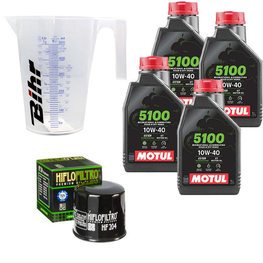 Kit vidange version classic avec 4 bidons d'huile MOTUL 5100 10W40, un filtre HF 204 et un doseur Bihr gradué