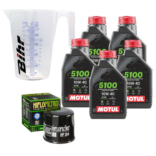 Kit vidange version classic avec 5 bidons d'huile MOTUL 5100 10W40, un filtre HF 204 et un doseur Bihr gradué