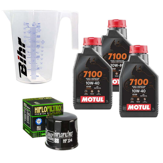 Kit vidange version classic avec 3 bidons d'huile MOTUL 7100 10W40, un filtre HF 204 et un doseur Bihr gradué