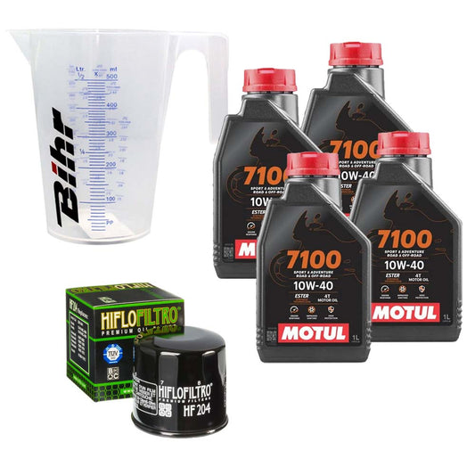 Kit vidange version classic avec 4 bidons d'huile MOTUL 7100 10W40, un filtre HF 204 et un doseur Bihr gradué