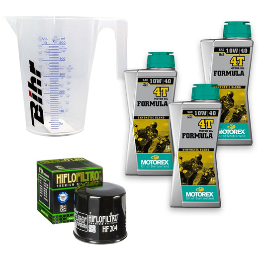 Kit vidange version classic avec 3 bidons d'huile MOTOREX Formula 4T 10W40, un filtre HF 204 et un doseur Bihr gradué